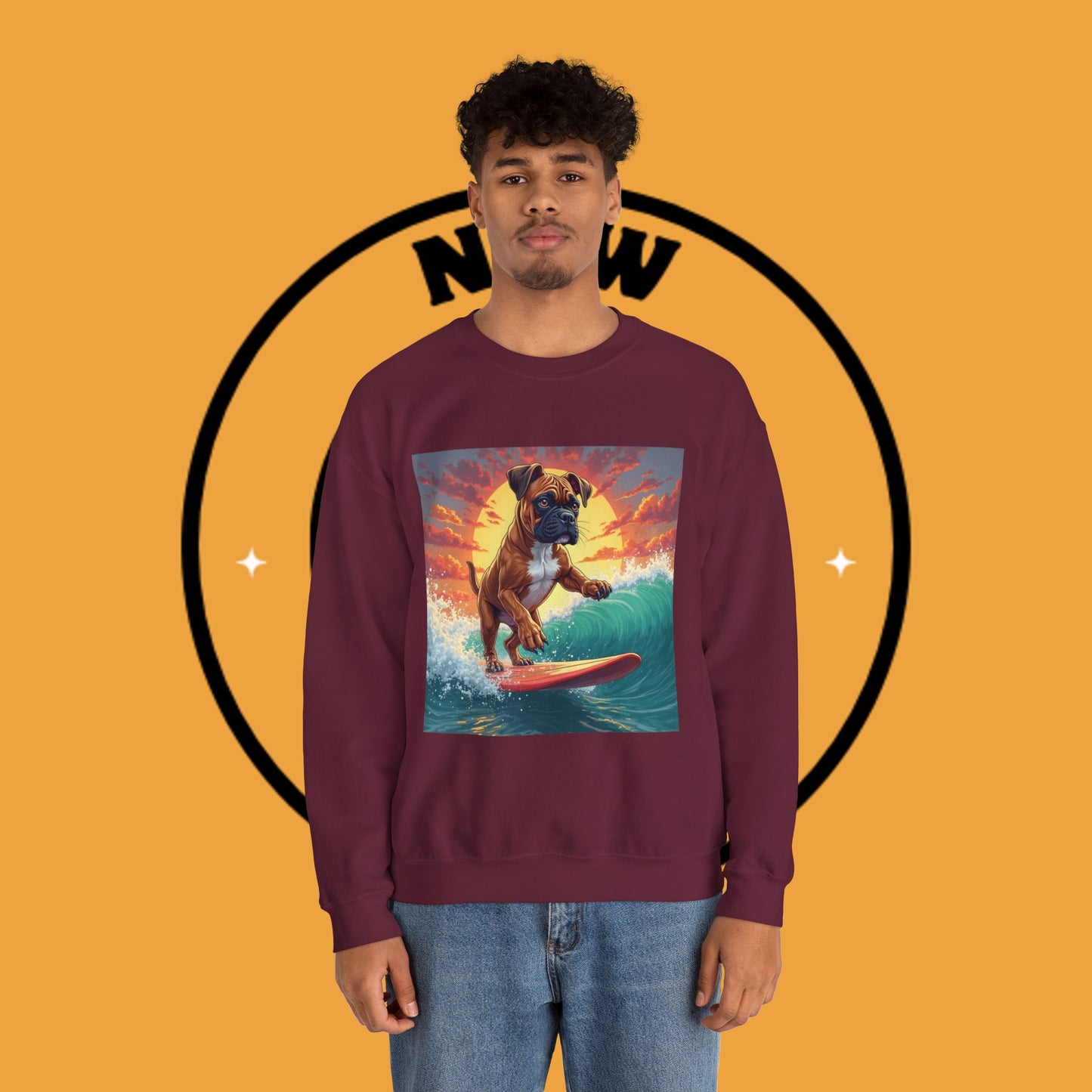 Surfing Boxer Dog Crewneck Sweatshirt | Funny Beach Surfer Gift | Epic Wave Riding Pup Design