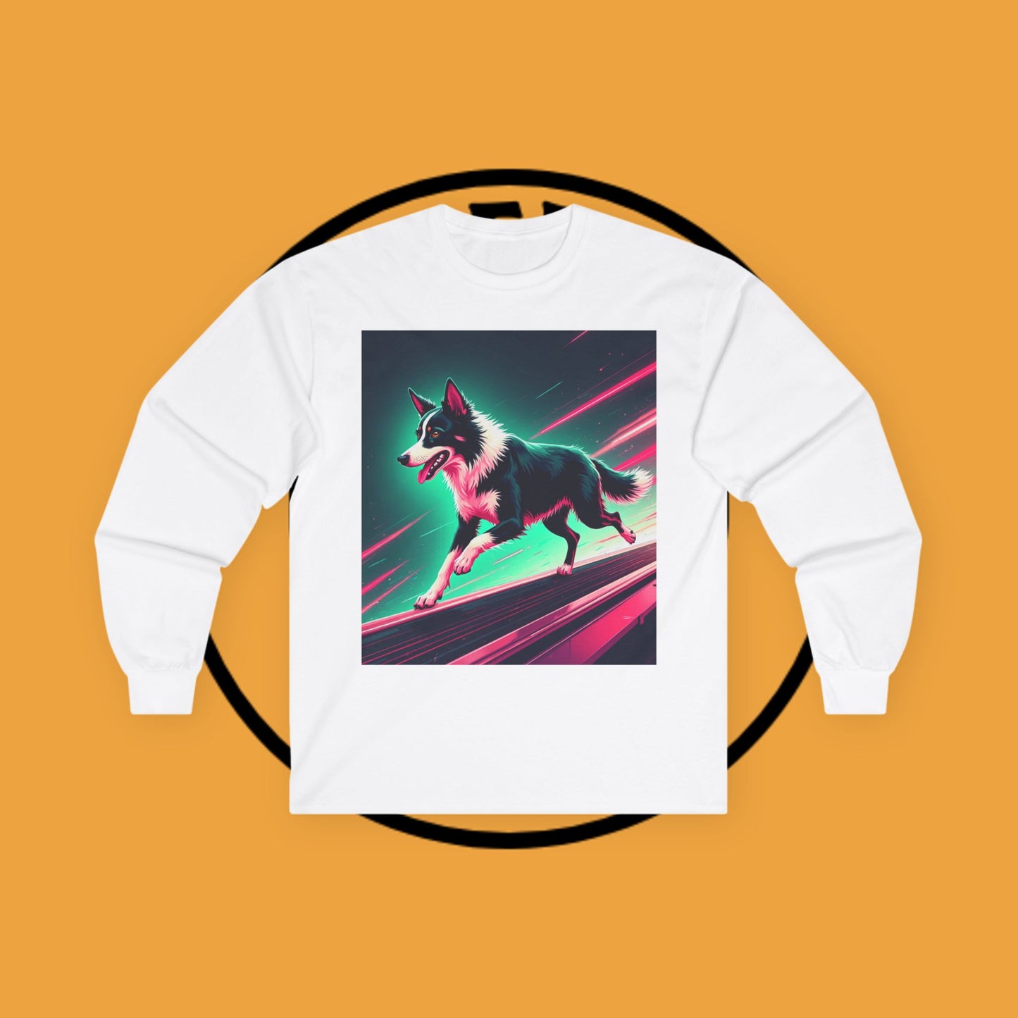 "Neon Speed Dog Long Sleeve Tee - Cyberpunk Running Border Collie Shirt - Futuristic Animal Art Apparel"