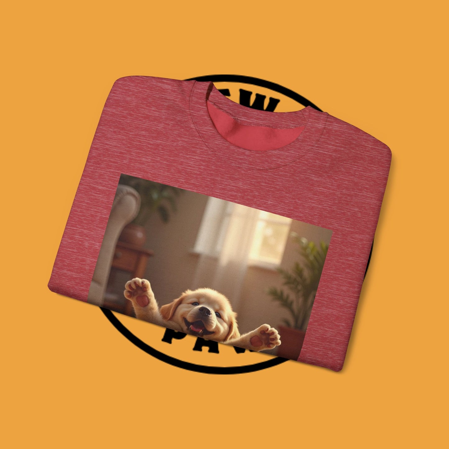 Unisex Dog Lover Crewneck Sweatshirt - Joyful Paws: Yellow Lab Puppy Stretching on Plush Carpet
