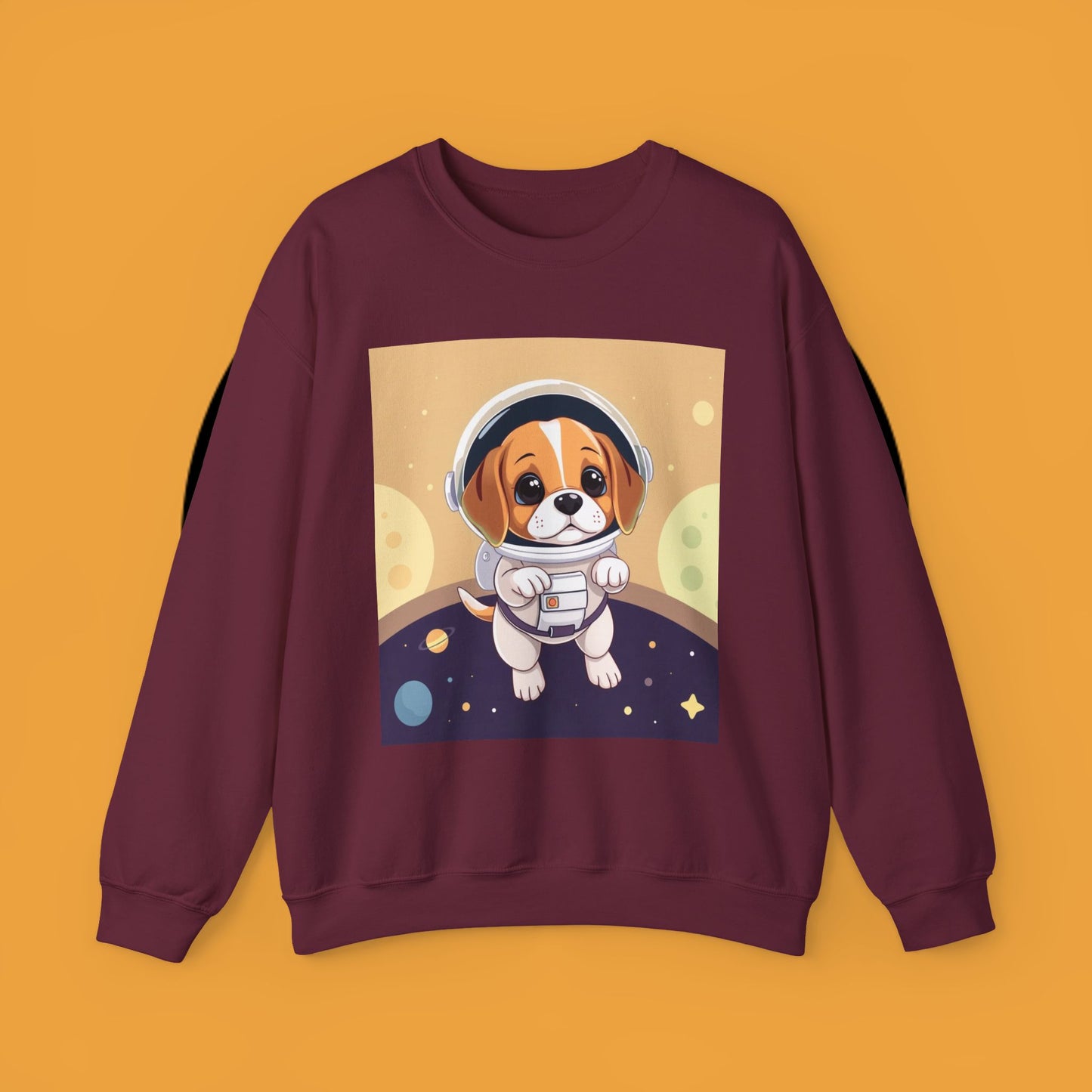 Astronaut Dog Crewneck Sweatshirt - Space Beagle Design with Helmet and Planets