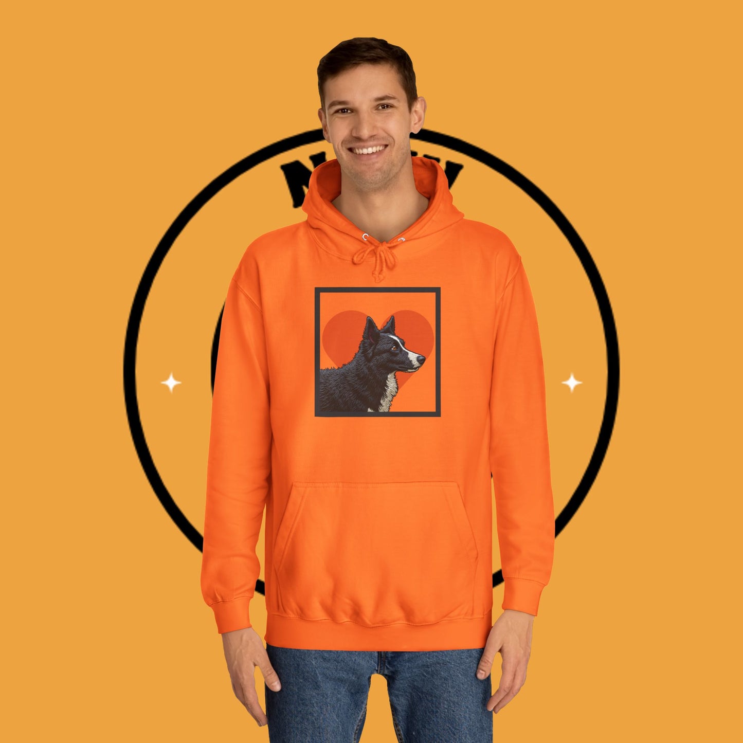 "Black & White Border Collie Portrait Hoodie - Bold Red Heart Background Dog Lover Sweatshirt | Premium Art Design"
