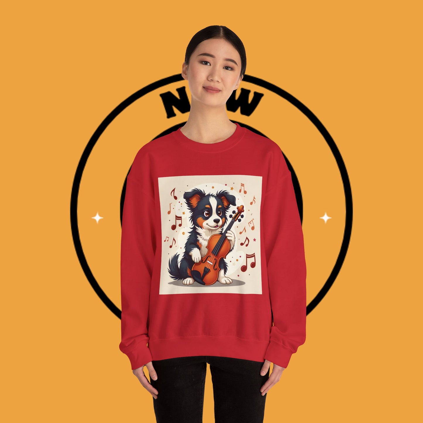 Music Dog Crewneck Sweatshirt - Cute Puppy Violinist with Musical Notes Design | Musician Gift