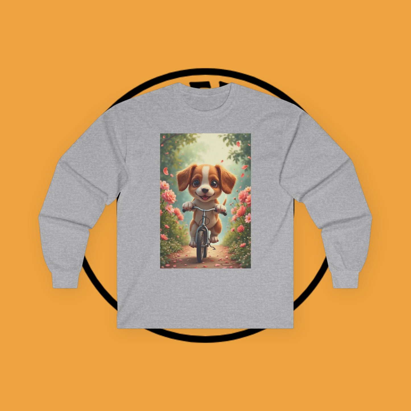 Happy Puppy Riding Bike Spring Flowers Long Sleeve Tee Gift