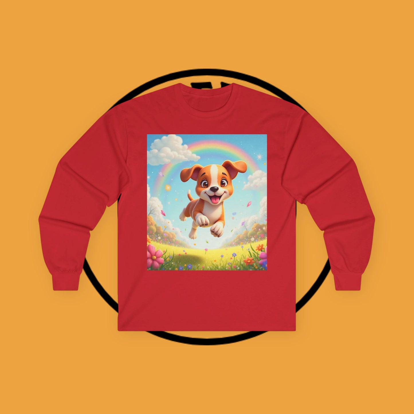Happy Puppy Rainbow Jumping Spring Flowers Long Sleeve Shirt