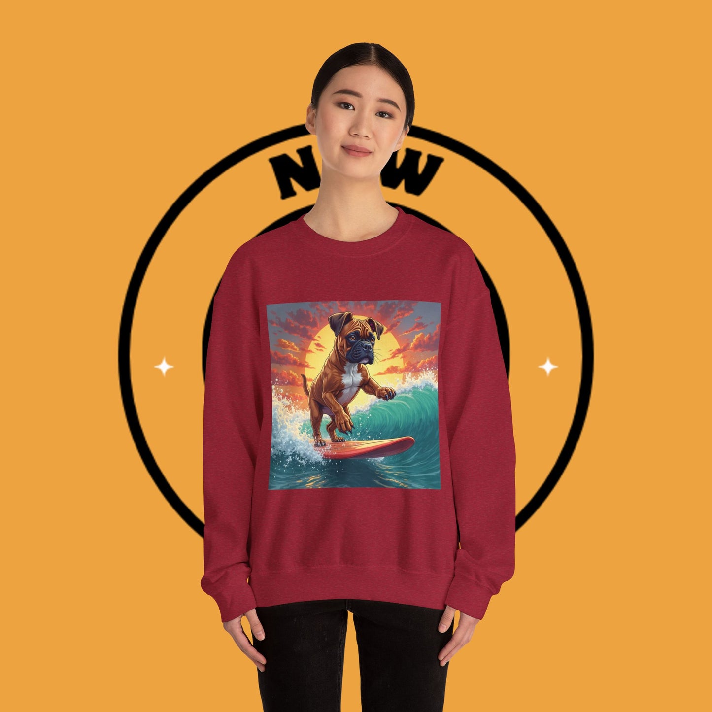 Surfing Boxer Dog Crewneck Sweatshirt | Funny Beach Surfer Gift | Epic Wave Riding Pup Design