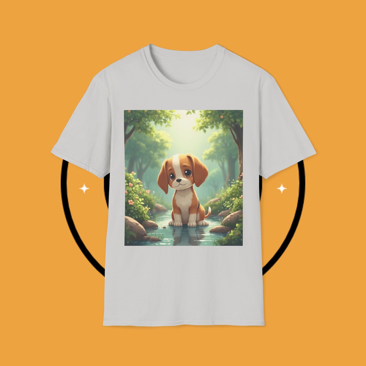 Magical Forest Beagle Puppy T-Shirt - Enchanted Nature Scene with Adorable Dog Design
