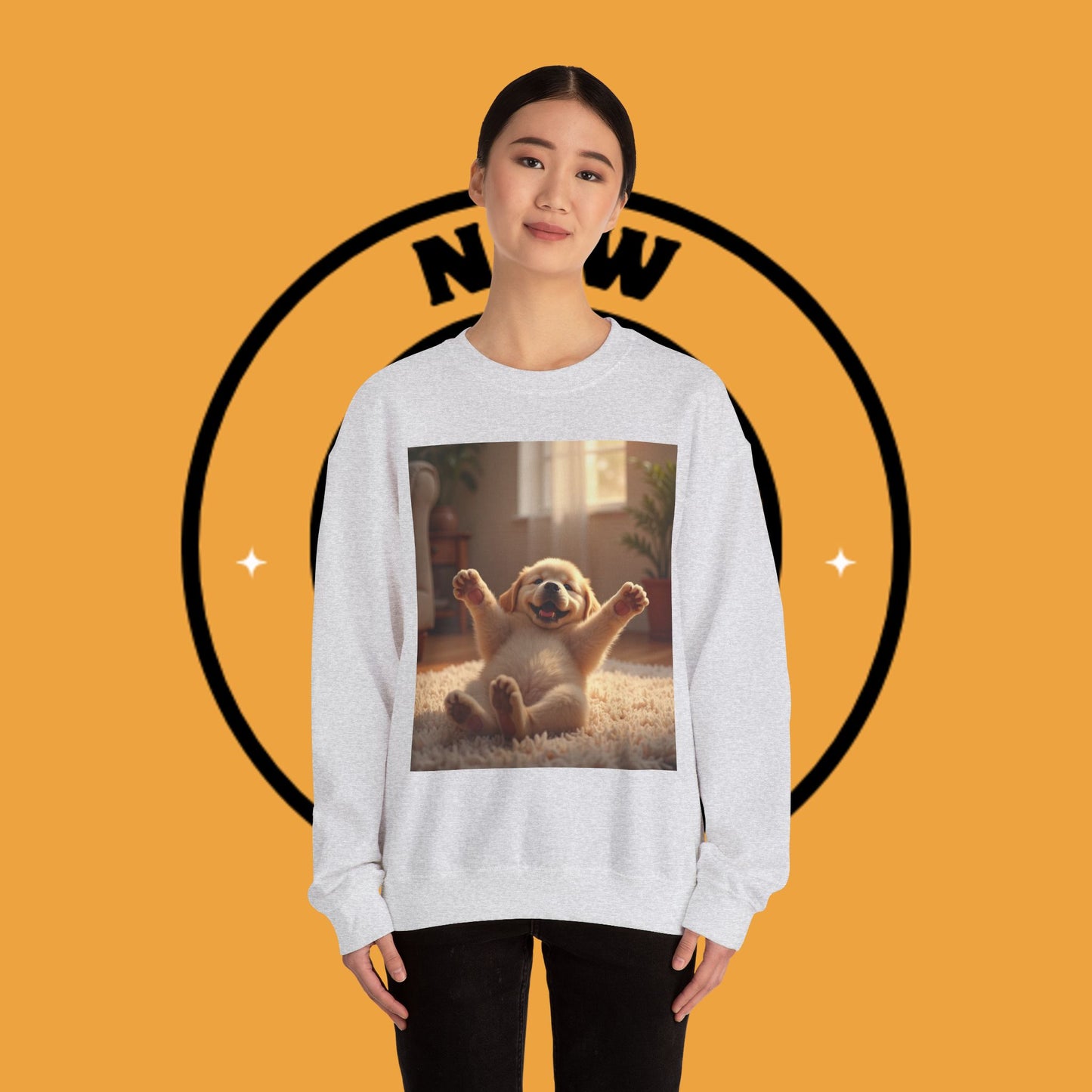 Unisex Dog Lover Crewneck Sweatshirt - Joyful Paws: Yellow Lab Puppy Stretching on Plush Carpet