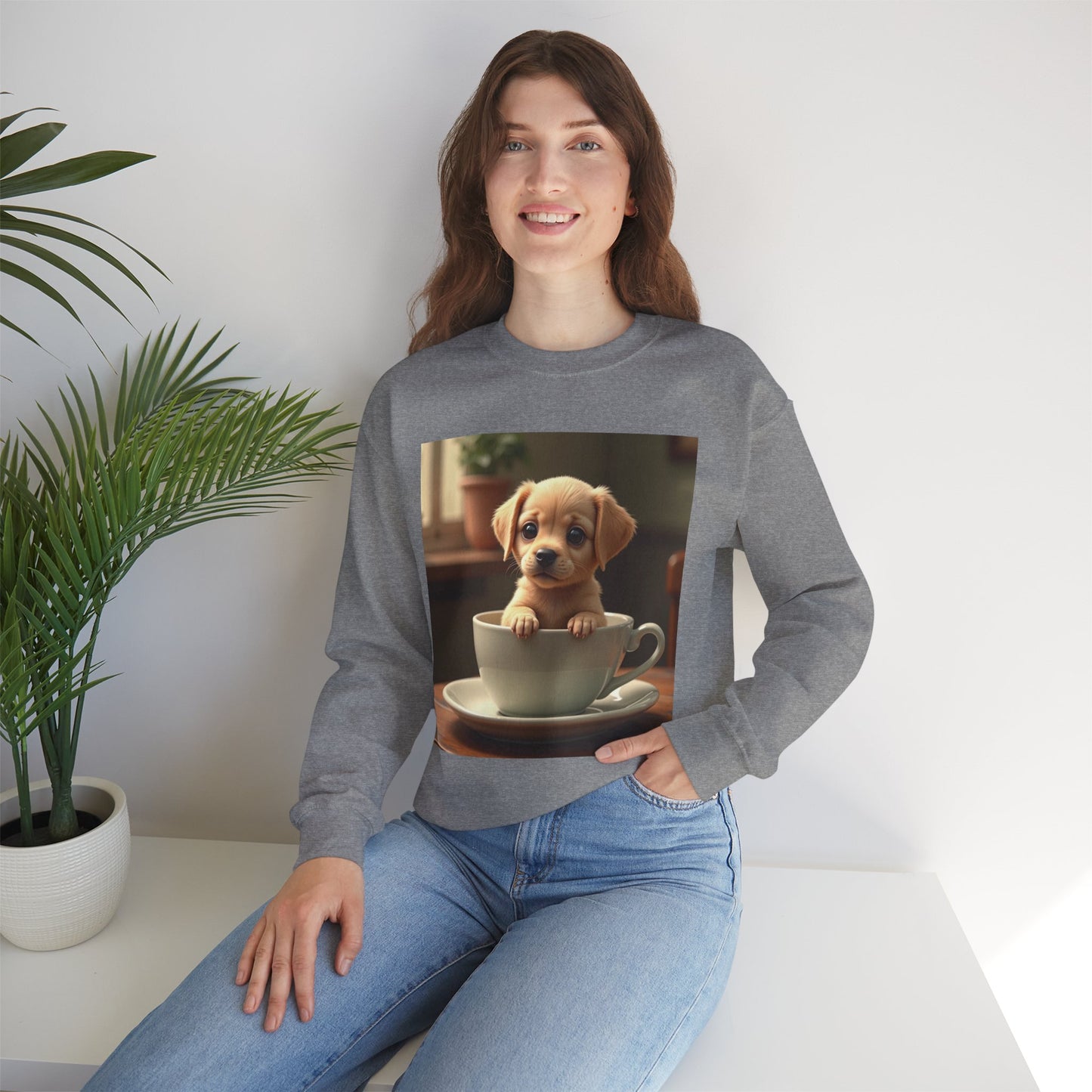 Unisex Dog Lover Crewneck Sweatshirt - Teacup Puppy: Adorable Yellow Lab in Coffee Cup