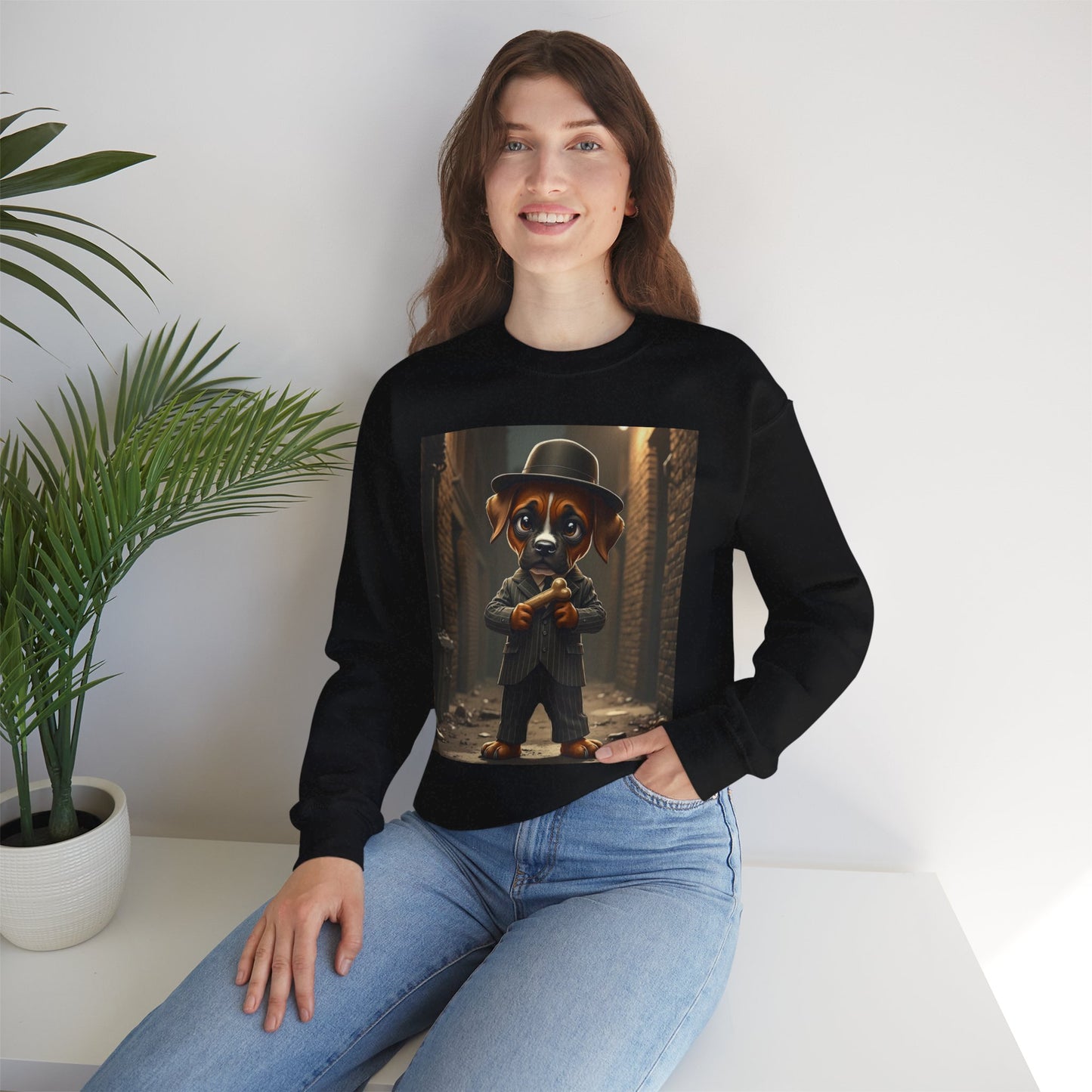 Gangster Puppy Fedora Crewneck Sweatshirt - Vintage Dog Boss Design - Retro Pet Lover Style