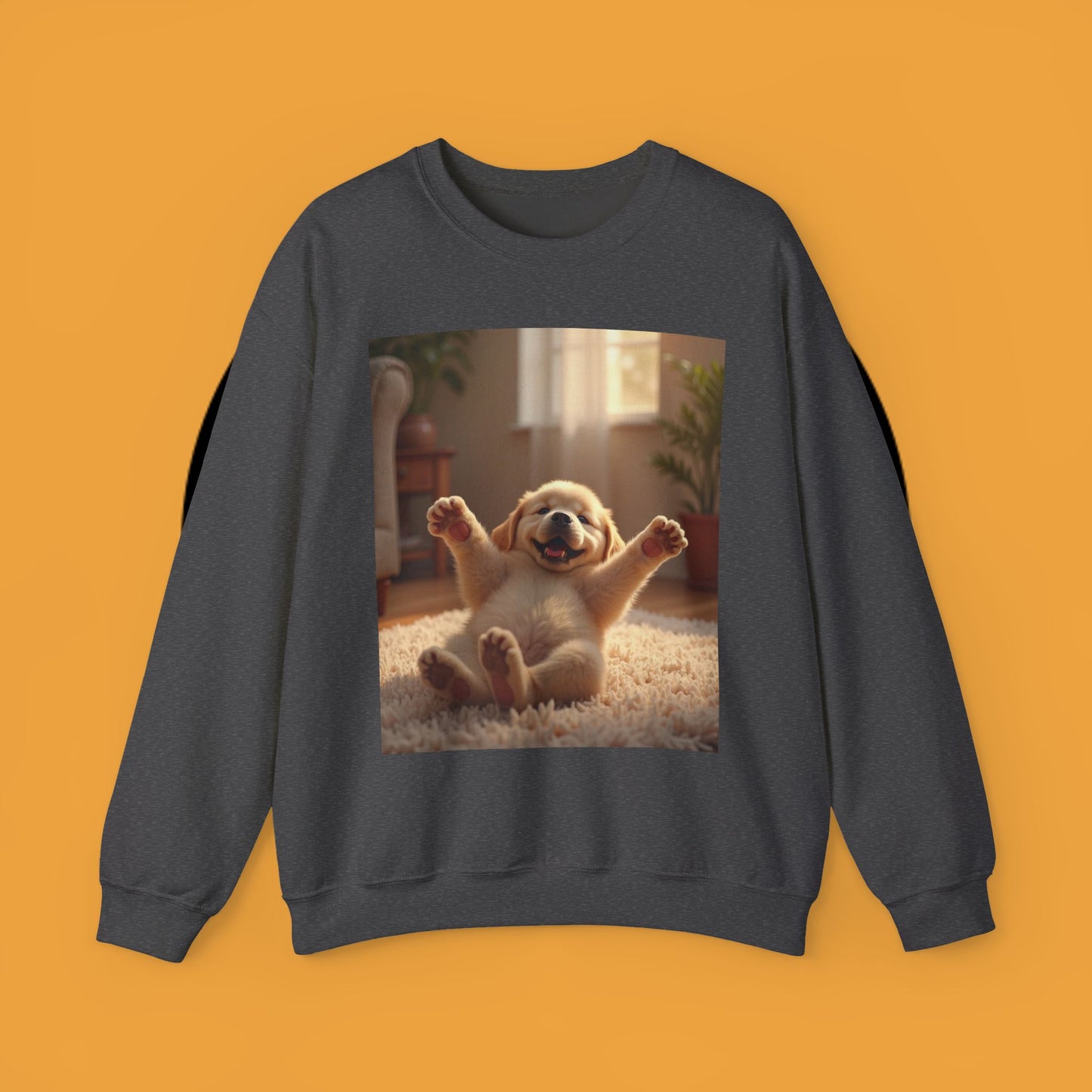 Unisex Dog Lover Crewneck Sweatshirt - Joyful Paws: Yellow Lab Puppy Stretching on Plush Carpet