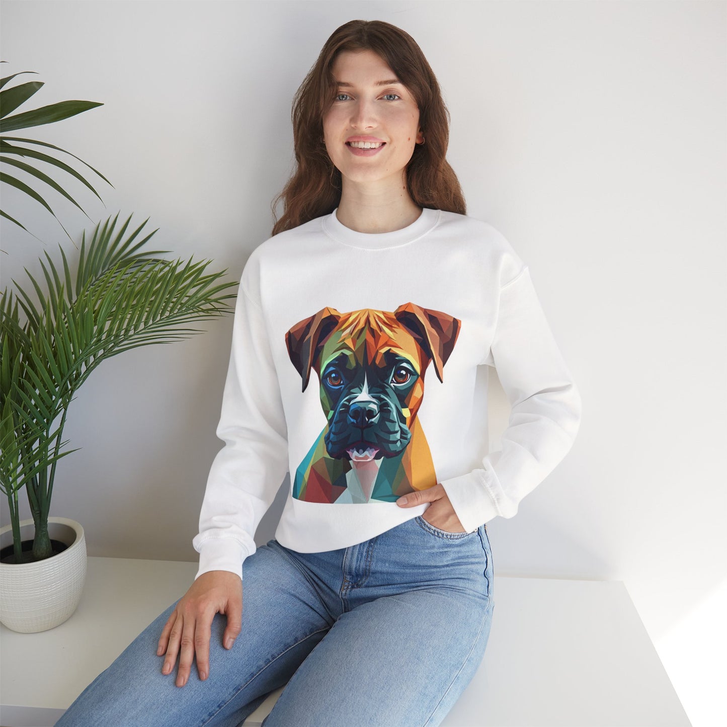 Geometric Boxer Dog Crewneck Sweatshirt - Polygon Art Pet Portrait - Modern Design Lover Gift