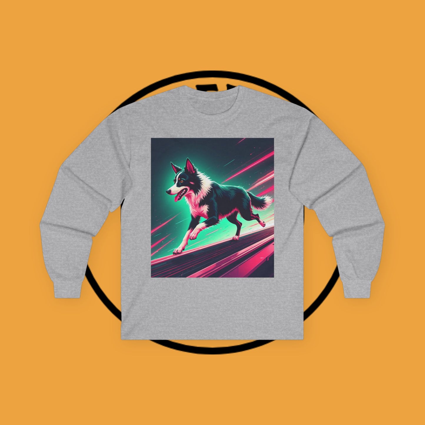 "Neon Speed Dog Long Sleeve Tee - Cyberpunk Running Border Collie Shirt - Futuristic Animal Art Apparel"