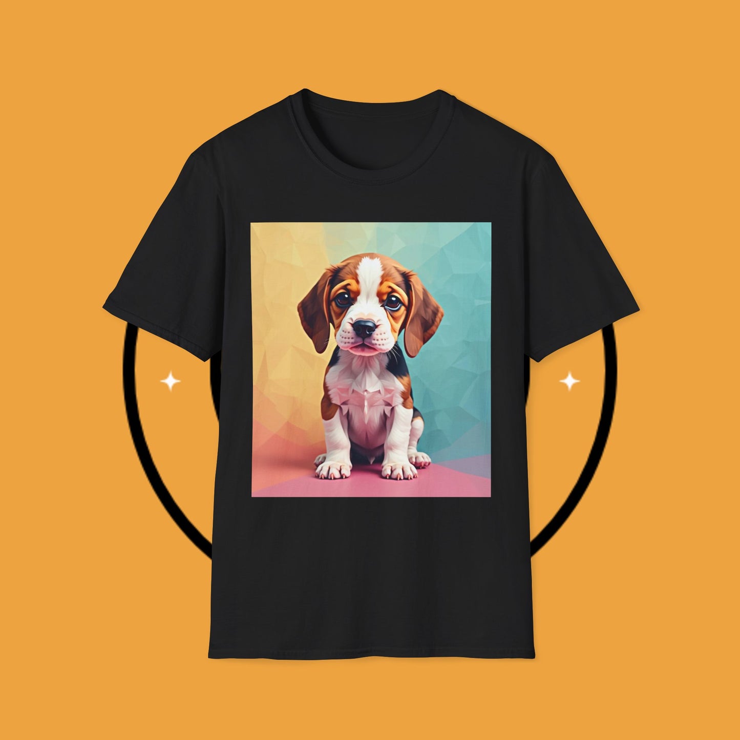 Modern Art Beagle Puppy T-Shirt - Geometric Low Poly Dog Design with Rainbow Background
