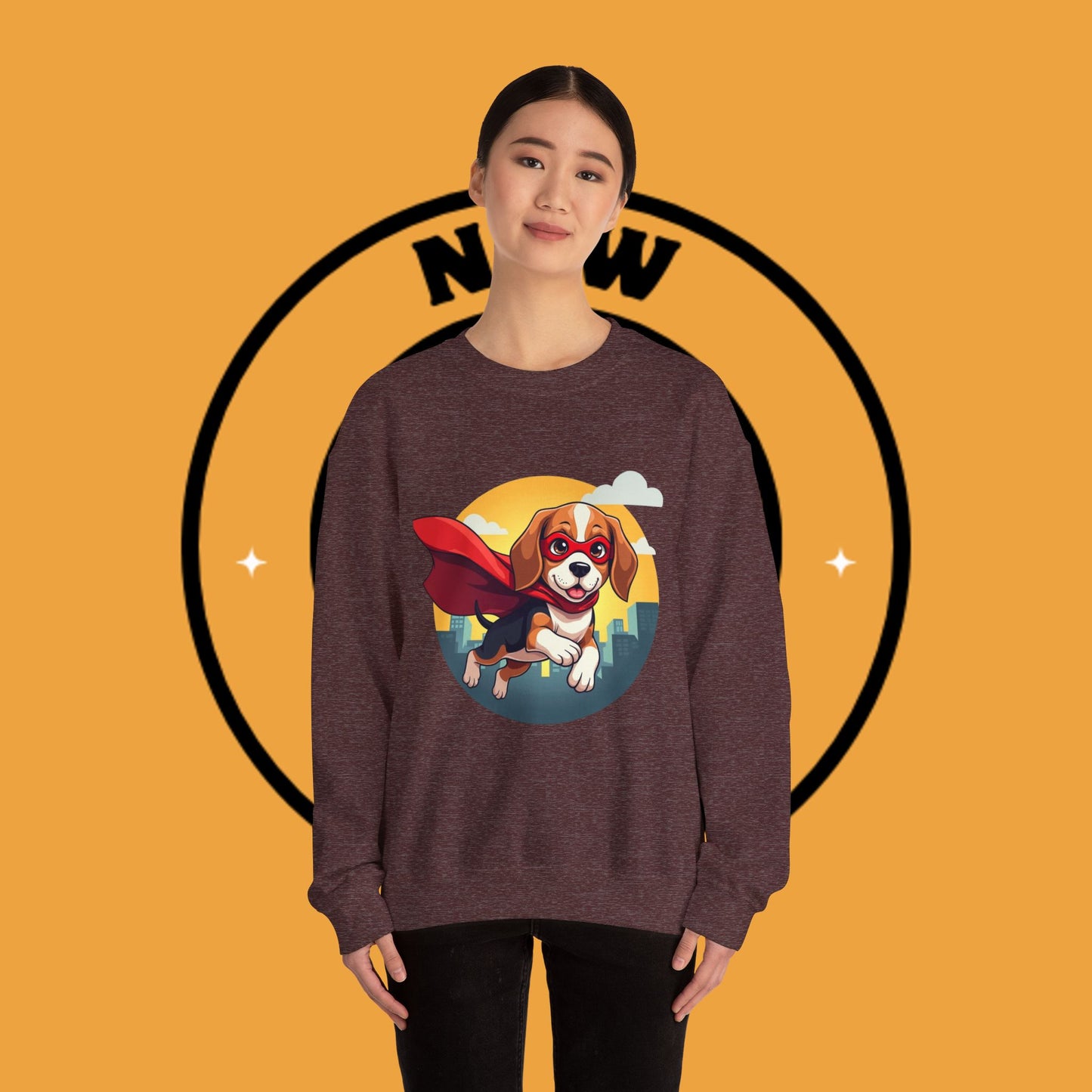 Superhero Dog Crewneck Sweatshirt - Flying Beagle Design with Red Cape and Mask