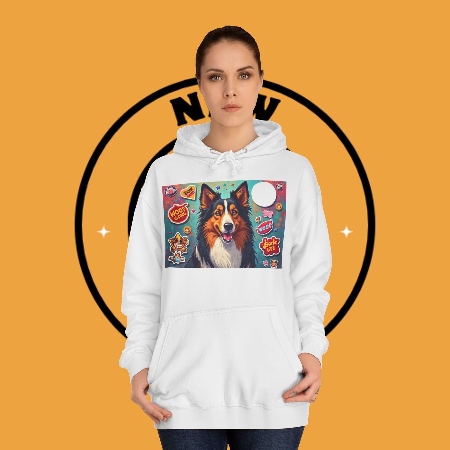"Dog Sticker Pack Hoodie - Vibrant Collie with Fun Dog Patches Design | Millennial Pet Lover Streetwear"