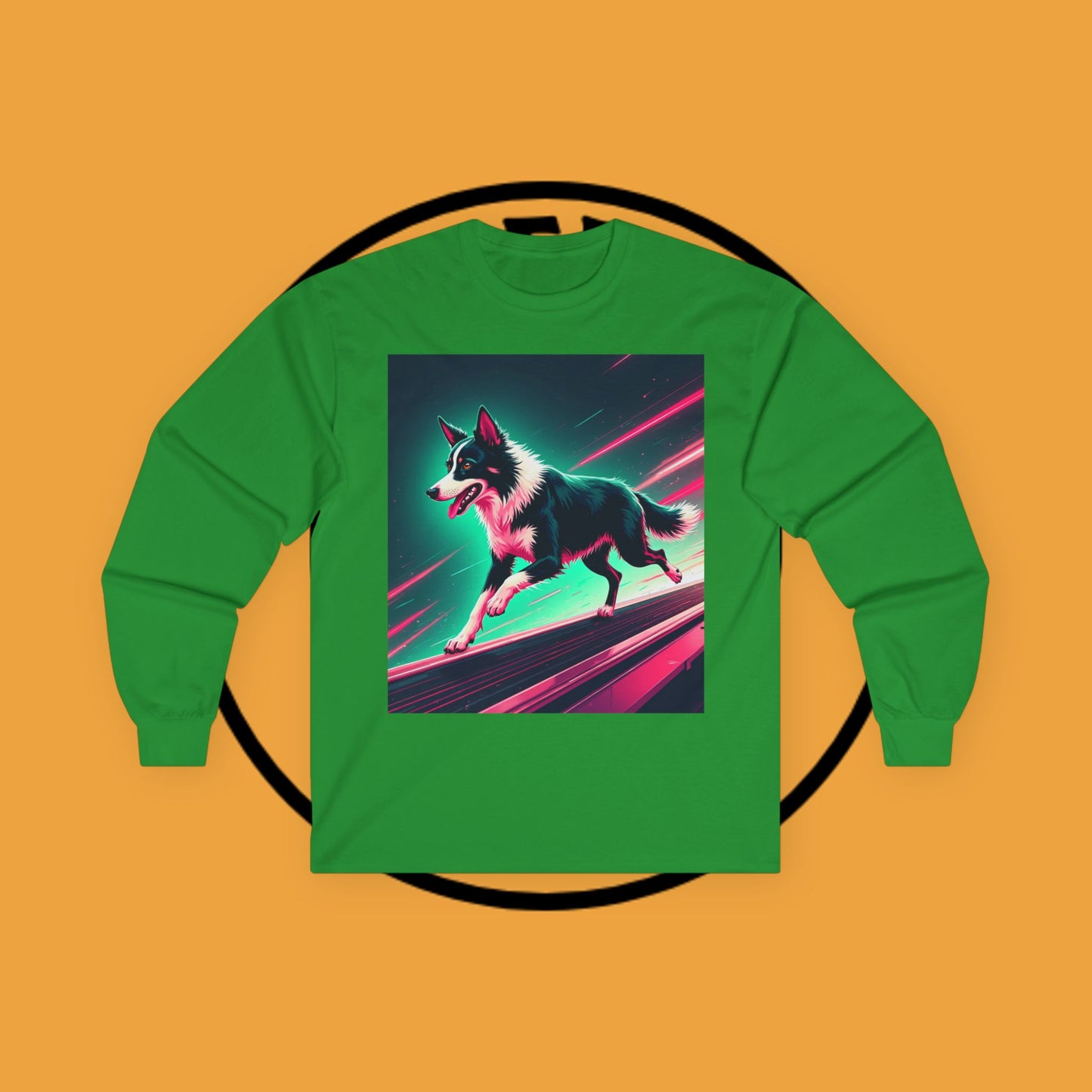 "Neon Speed Dog Long Sleeve Tee - Cyberpunk Running Border Collie Shirt - Futuristic Animal Art Apparel"
