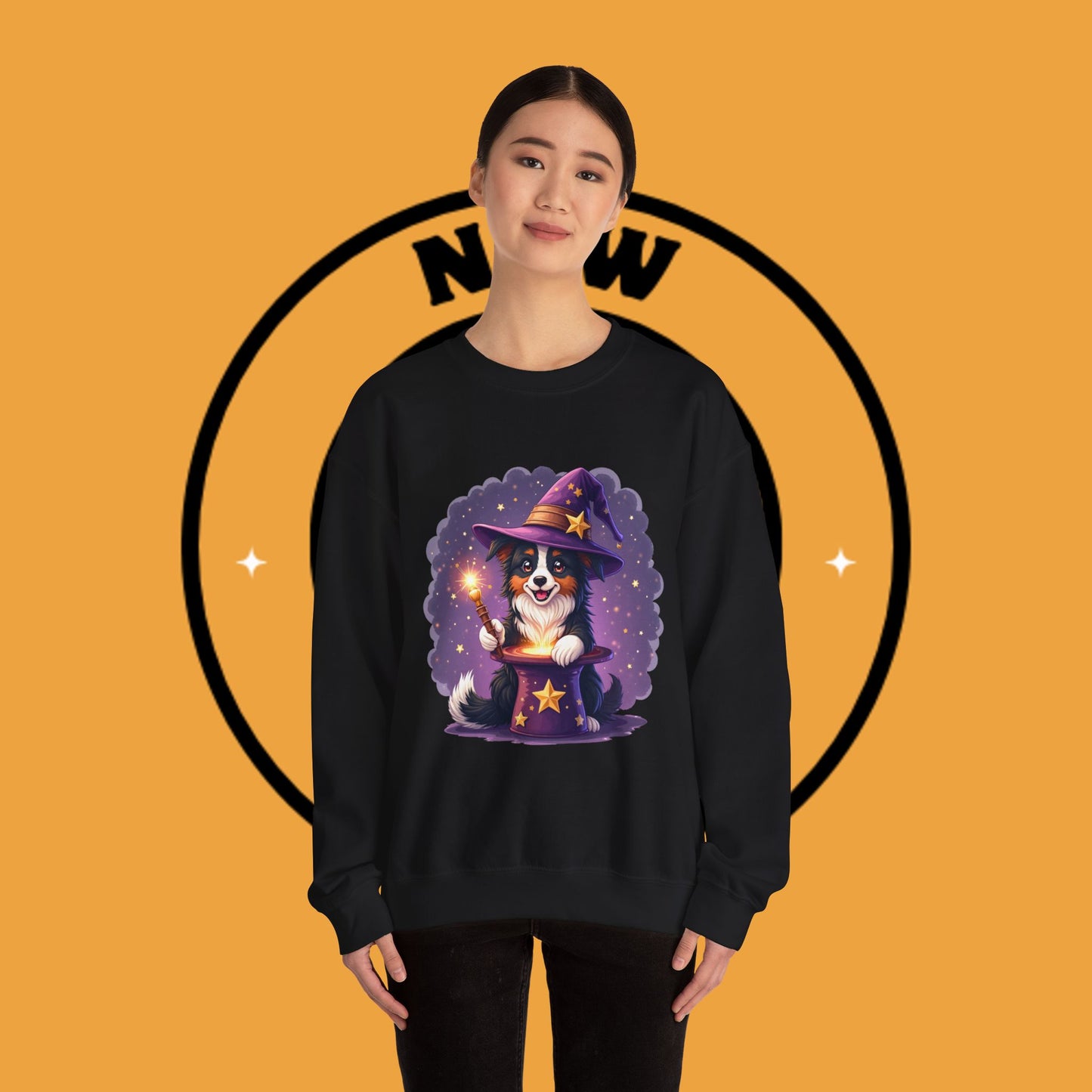 Magical Wizard Dog Crewneck Sweatshirt - Adorable Puppy Magician with Hat & Wand | Fantasy Pet Lover Gift Tee