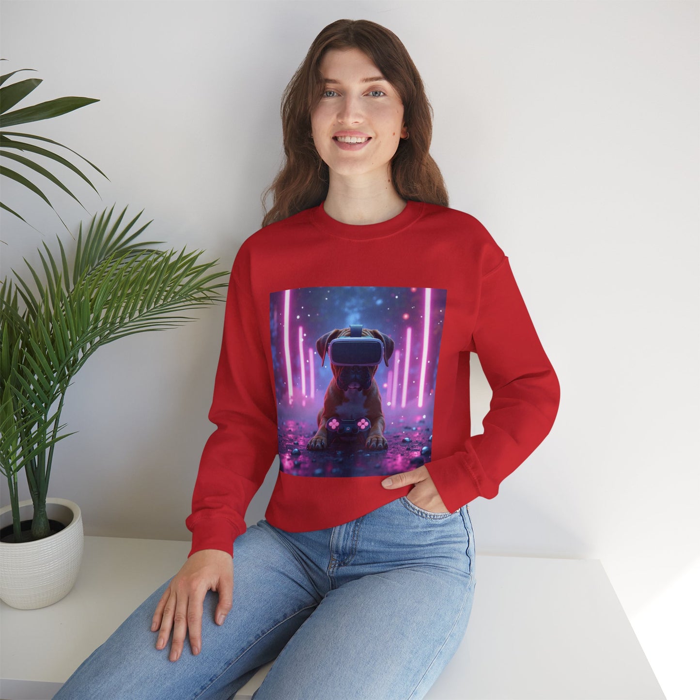 VR Gaming Boxer Dog Crewneck Sweatshirt | Funny Gamer Gift | Virtual Reality Puppy Design