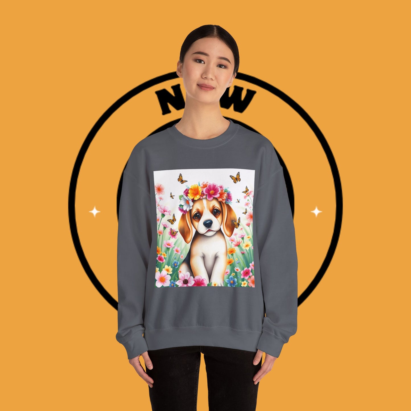 Flower Wreath Dog Crewneck Sweatshirt - Spring Beagle Design with Butterflies