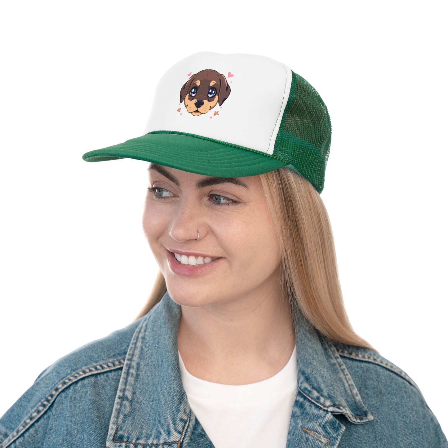 Kawaii Puppy Trucker Cap - Cute Anime Design with Hearts - Adorable Unisex Cap