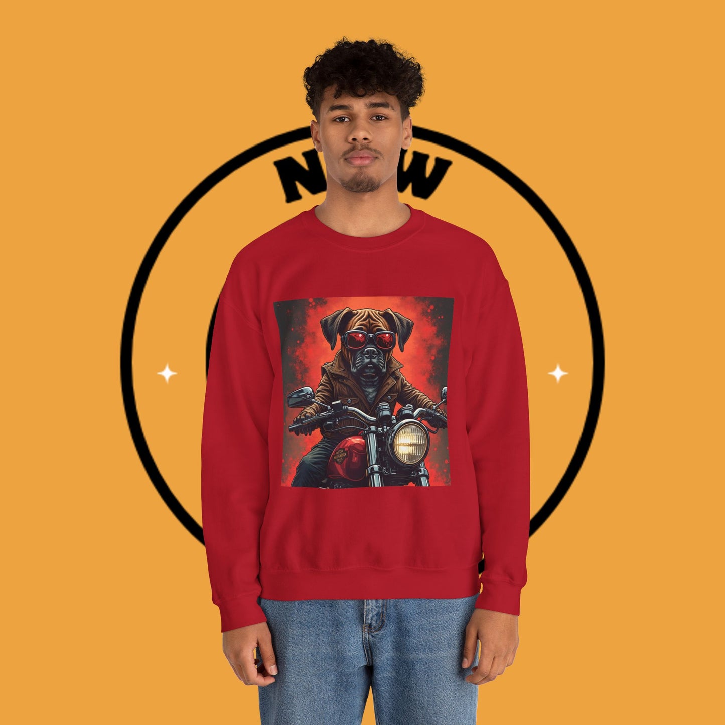 Biker Boxer Dog Crewneck Sweatshirt - Motorcycle Rebel Pup Design - Badass Pet Lover Style