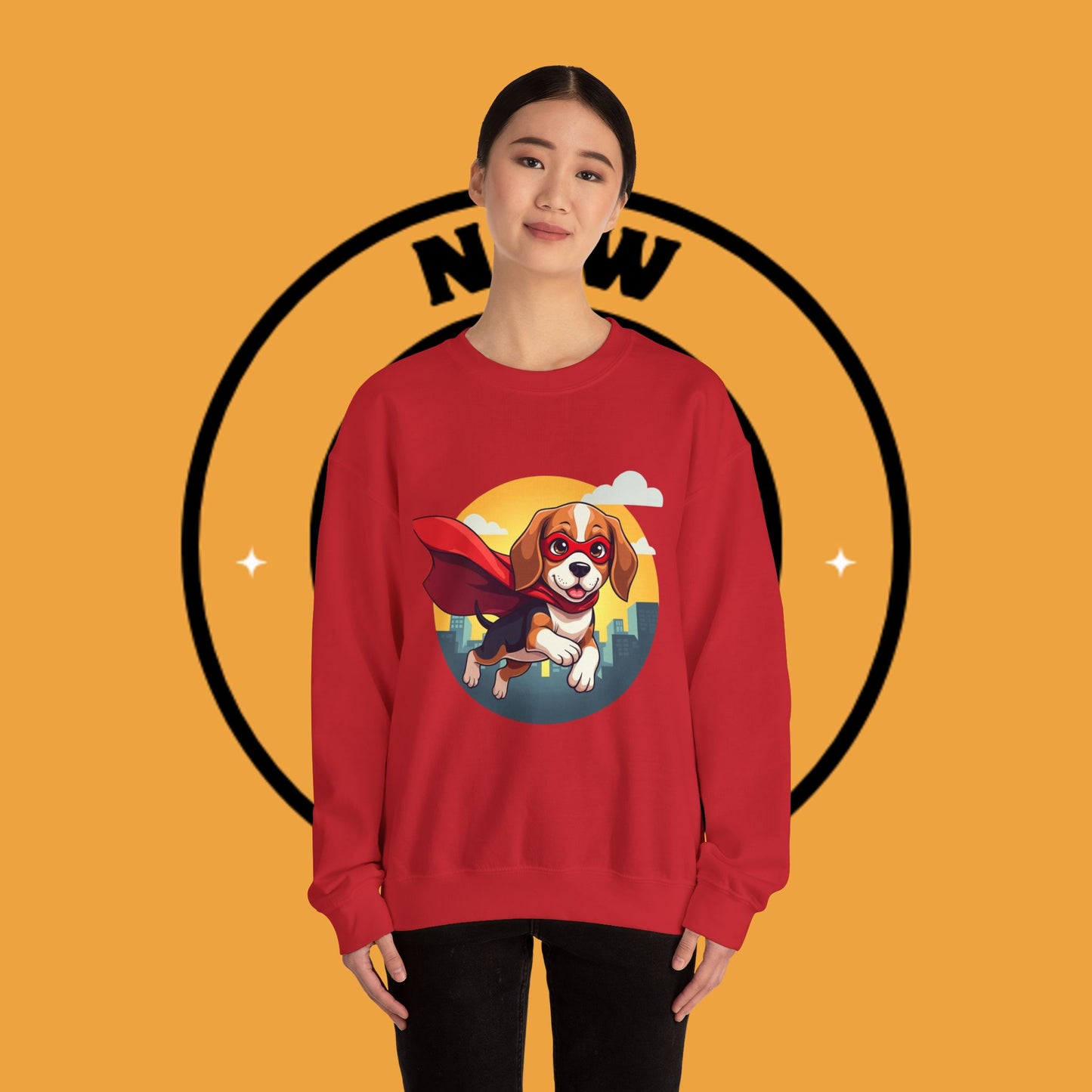 Superhero Dog Crewneck Sweatshirt - Flying Beagle Design with Red Cape and Mask