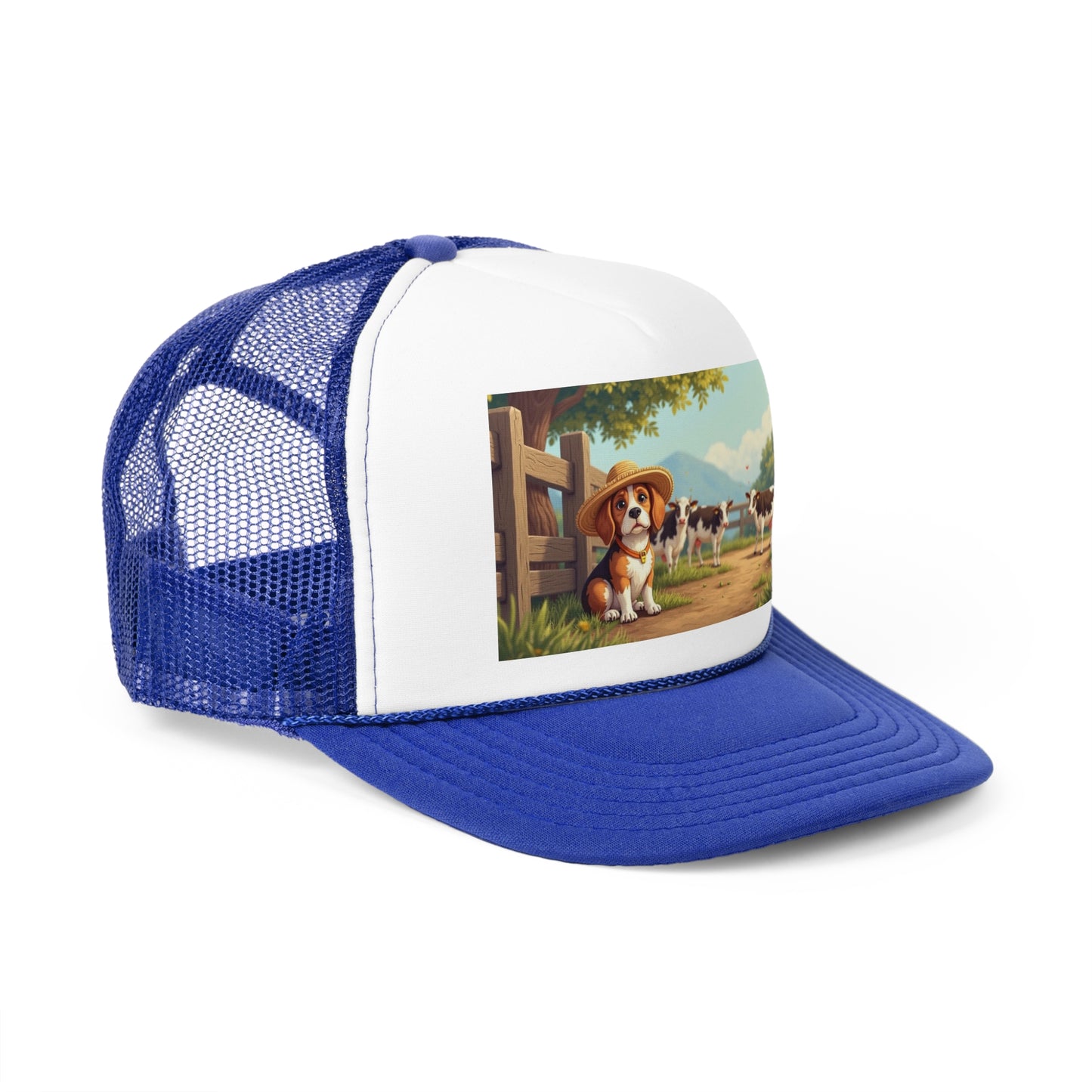 Farm Beagle with Straw Hat and Cows Trucker Hat - Country Dog Lover Cap - Adorable Dog Lover Unisex Cap