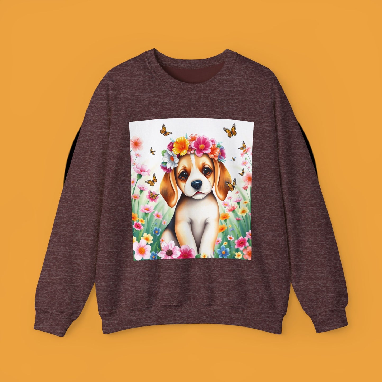 Flower Wreath Dog Crewneck Sweatshirt - Spring Beagle Design with Butterflies