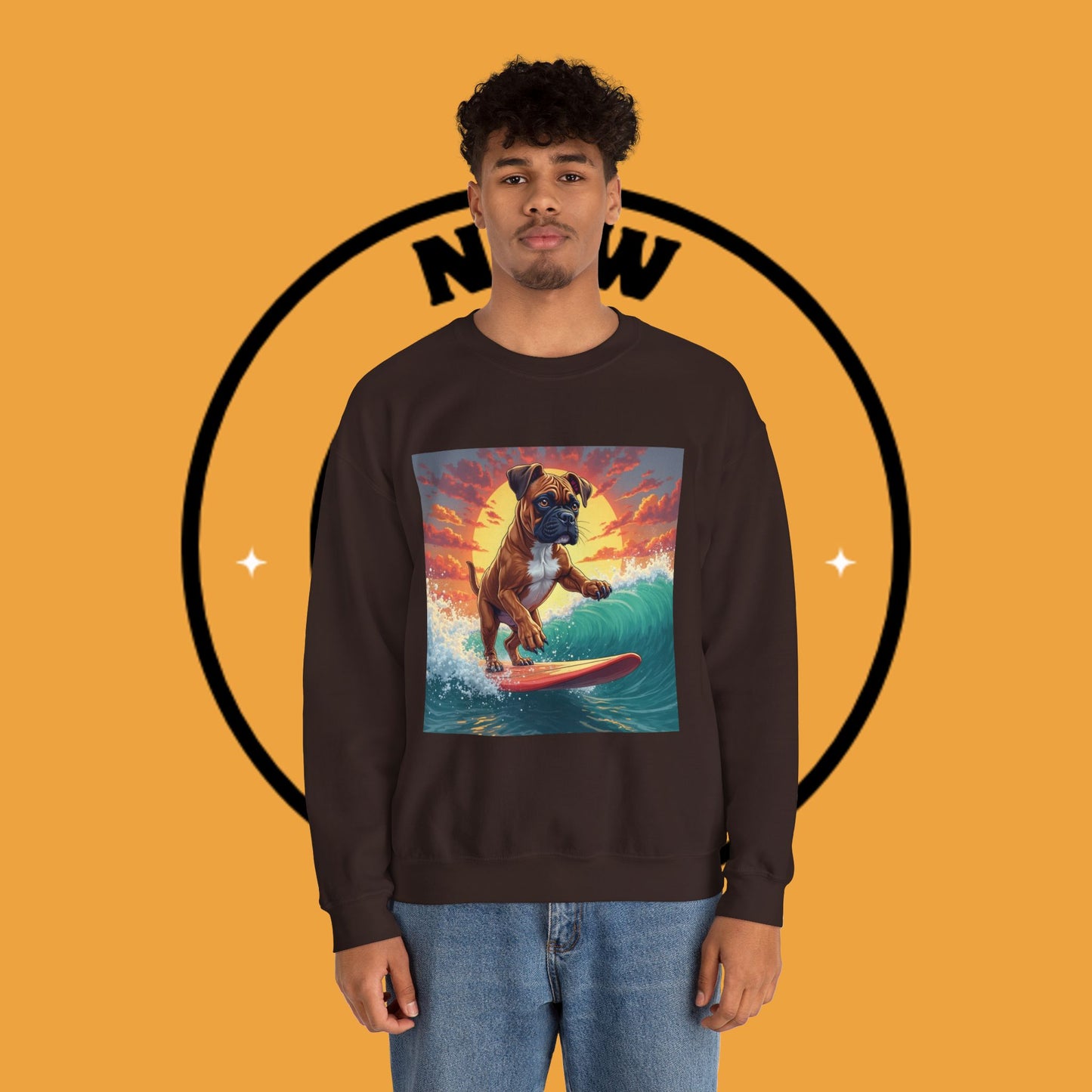 Surfing Boxer Dog Crewneck Sweatshirt | Funny Beach Surfer Gift | Epic Wave Riding Pup Design