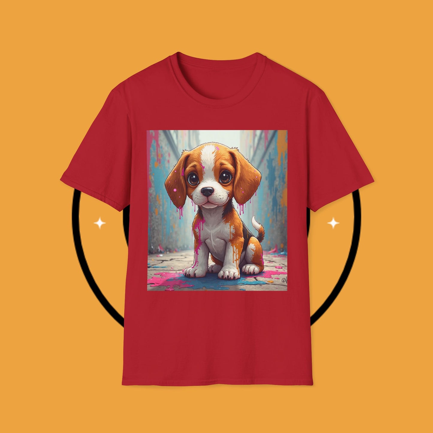 Beagle Street Art T-Shirt - Urban Paint Splatter Dog Design | Artistic Puppy Graffiti Tee for Creative Souls