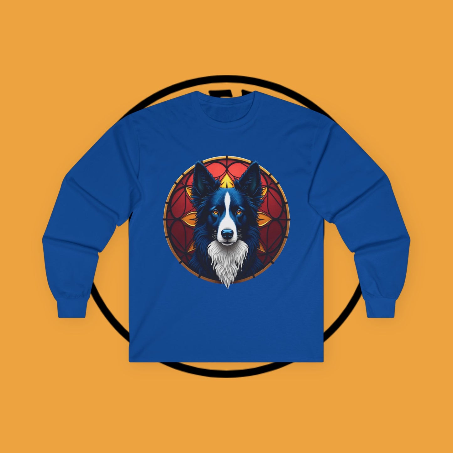 "Mystical Border Collie Stained Glass Long Sleeve Tee - Sacred Geometry Spirit Animal Shirt - Gothic Fantasy Apparel"