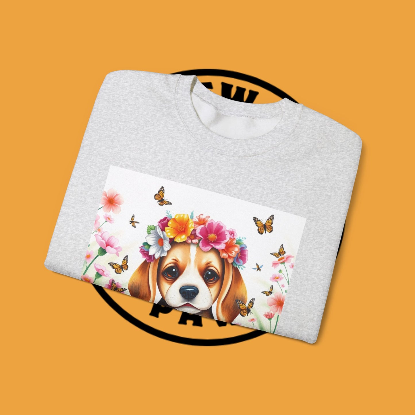 Flower Wreath Dog Crewneck Sweatshirt - Spring Beagle Design with Butterflies