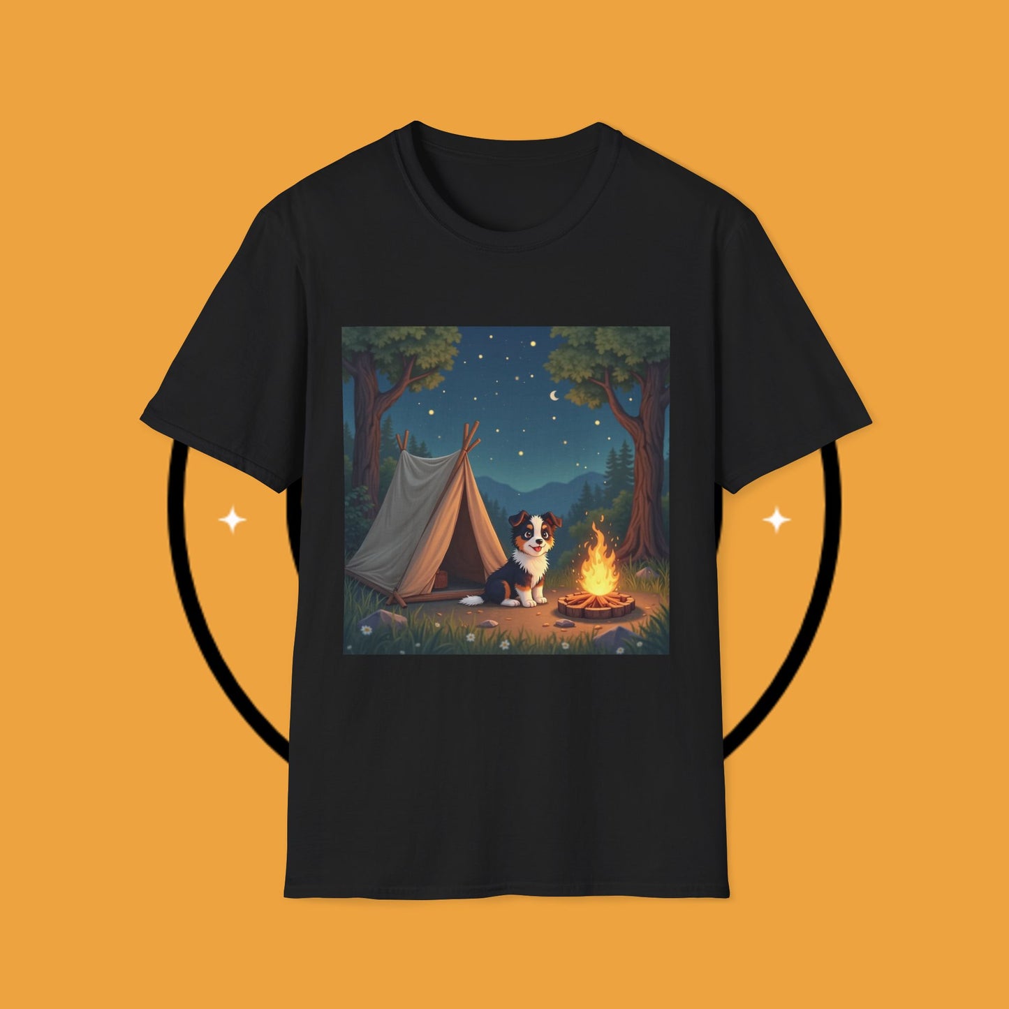 "Camping Adventure Border Collie" - Outdoor Adventure Dog T-Shirt - Border Collie Camping T-Shirt - Outdoor Adventure Dog Under Stars Tee | Nature Lover Pet Gift