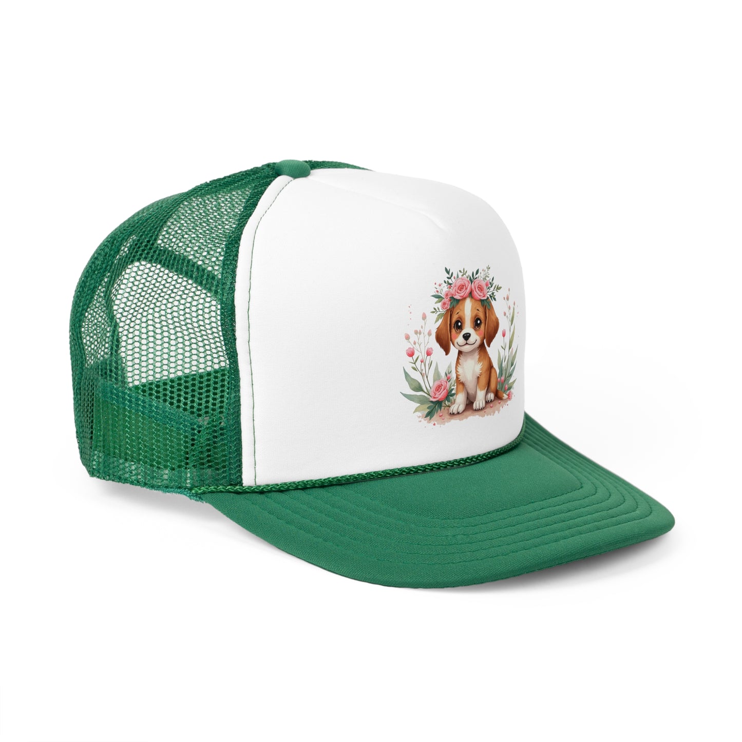 Cute Beagle Puppy with Pink Roses Floral Crown Trucker Hat - Adorable Dog Flower Crown Cap | Sweet Pet Lover Gift | Feminine Snapback