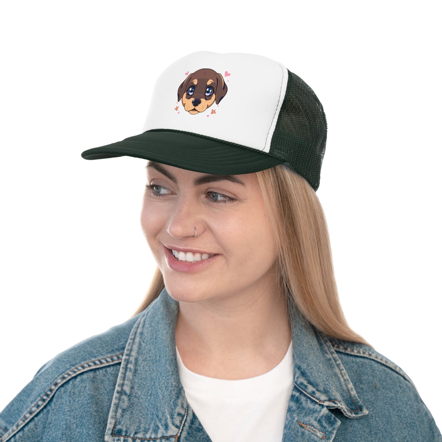 Kawaii Puppy Trucker Cap - Cute Anime Design with Hearts - Adorable Unisex Cap