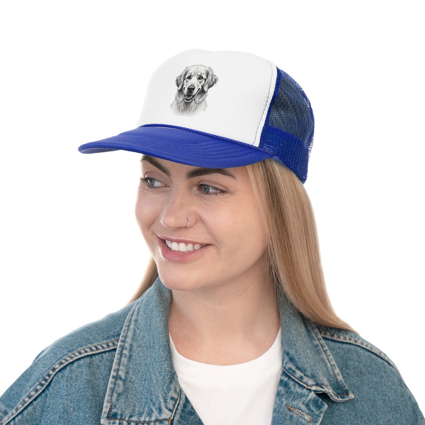 Happy Dog Trucker Cap Black and White - Realistic Sketch Art Design - Unisex Classic Cap