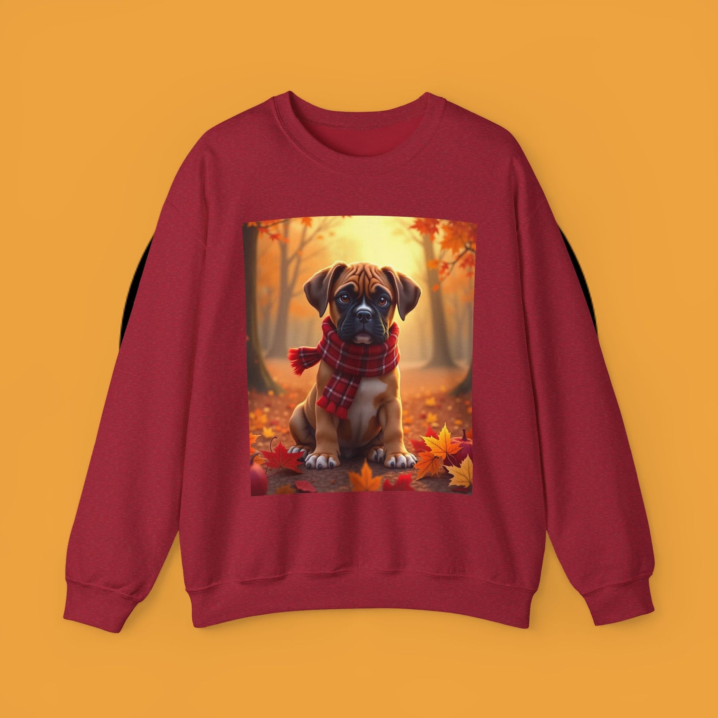 Cute Boxer Puppy Autumn Crewneck Sweatshirt | Fall Dog Lover Gift | Cozy Plaid Scarf Design