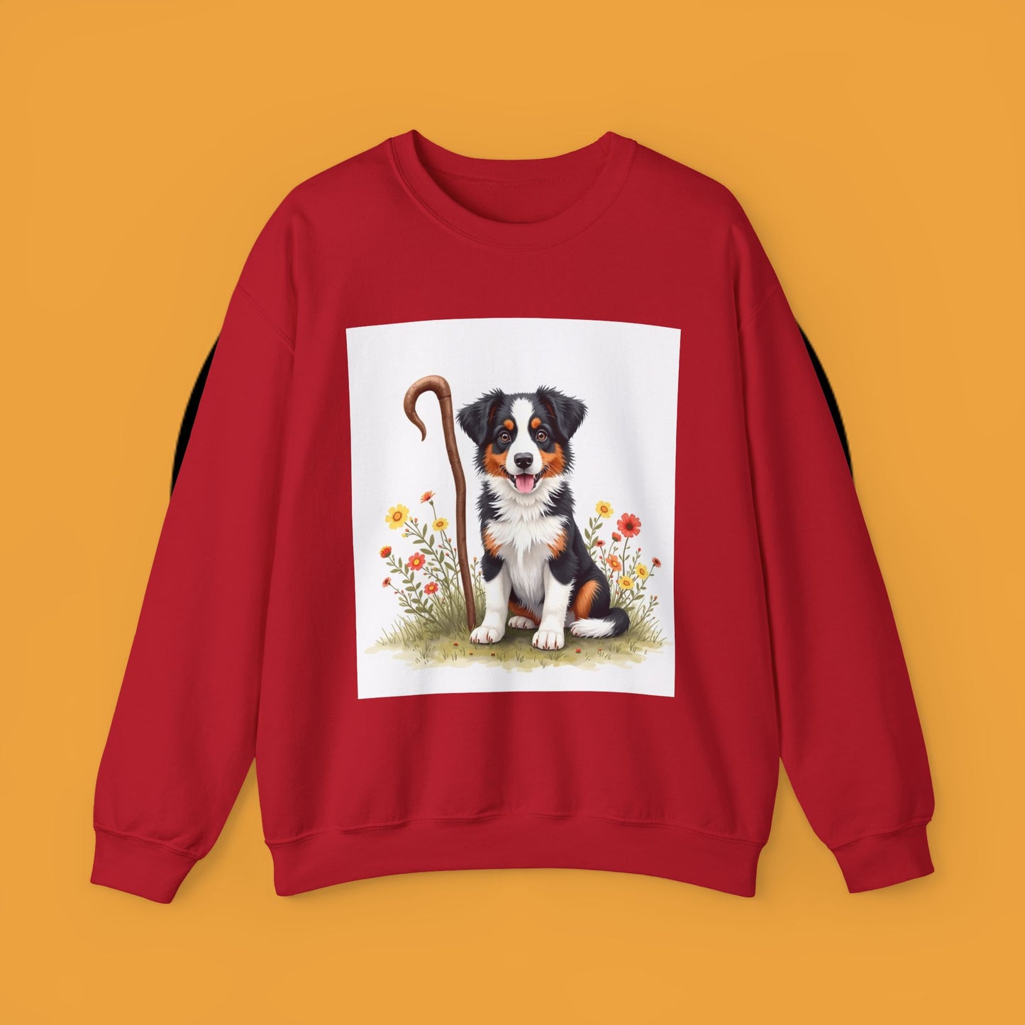 Border Collie Puppy Shepherd's Crook Crewneck Sweatshirt - Pastoral Dog Art | Farm Life Gift