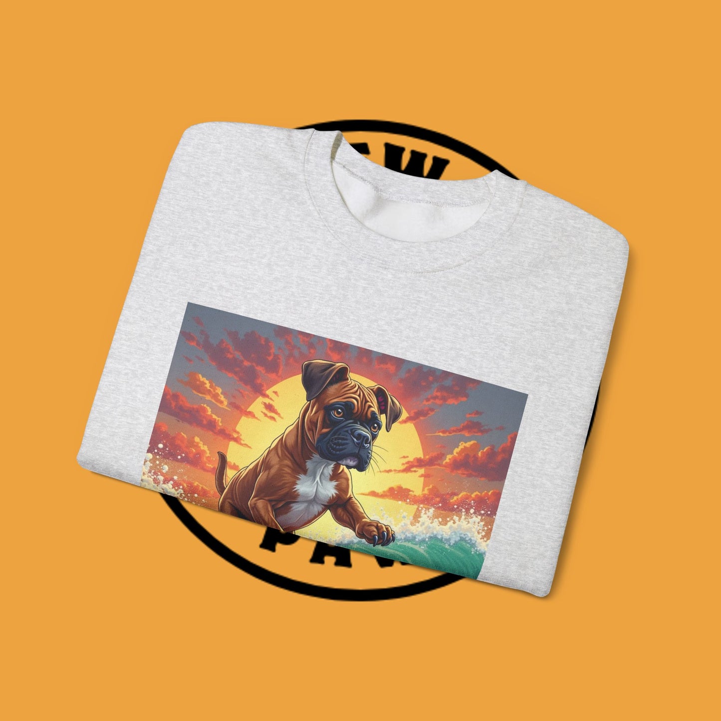 Surfing Boxer Dog Crewneck Sweatshirt | Funny Beach Surfer Gift | Epic Wave Riding Pup Design