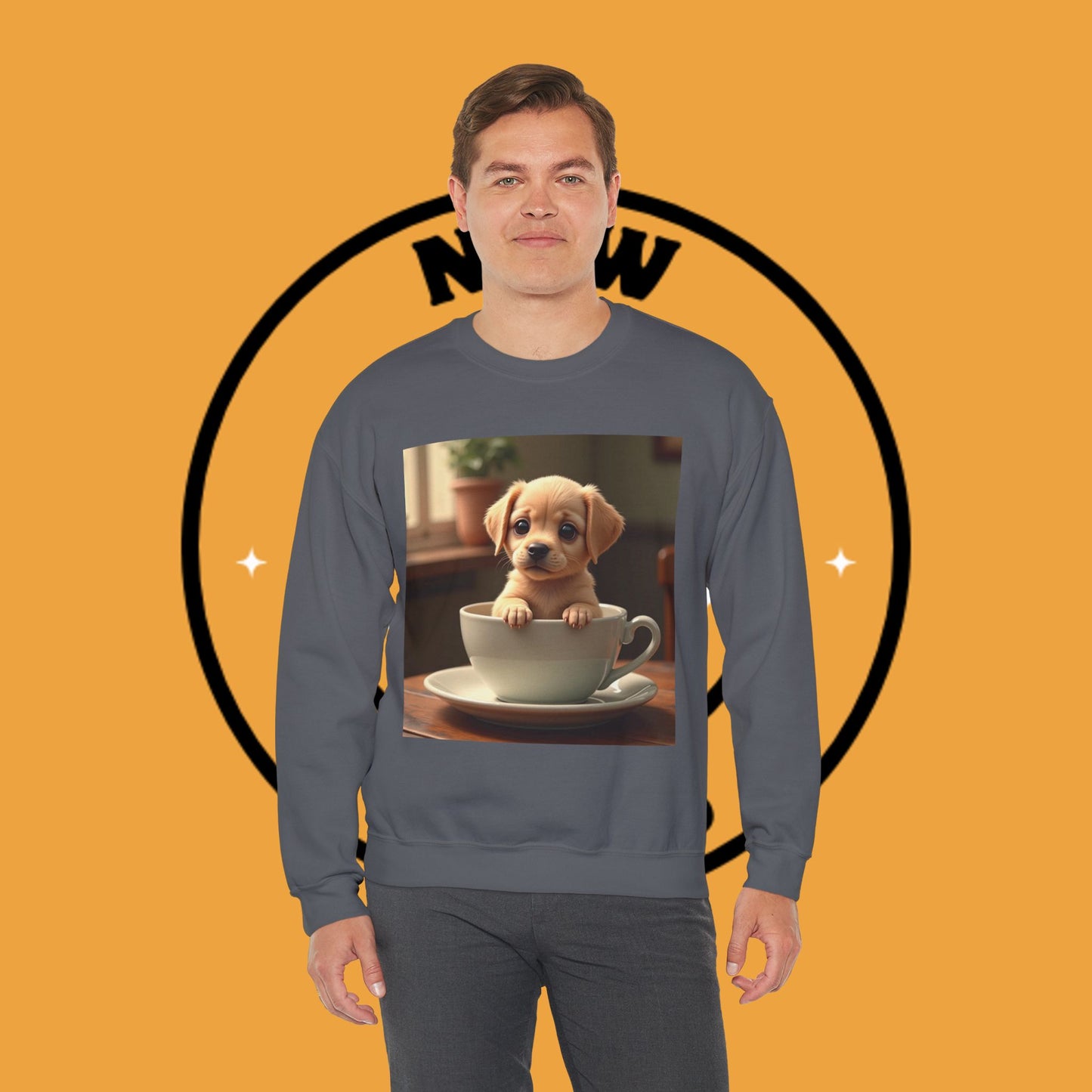 Unisex Dog Lover Crewneck Sweatshirt - Teacup Puppy: Adorable Yellow Lab in Coffee Cup