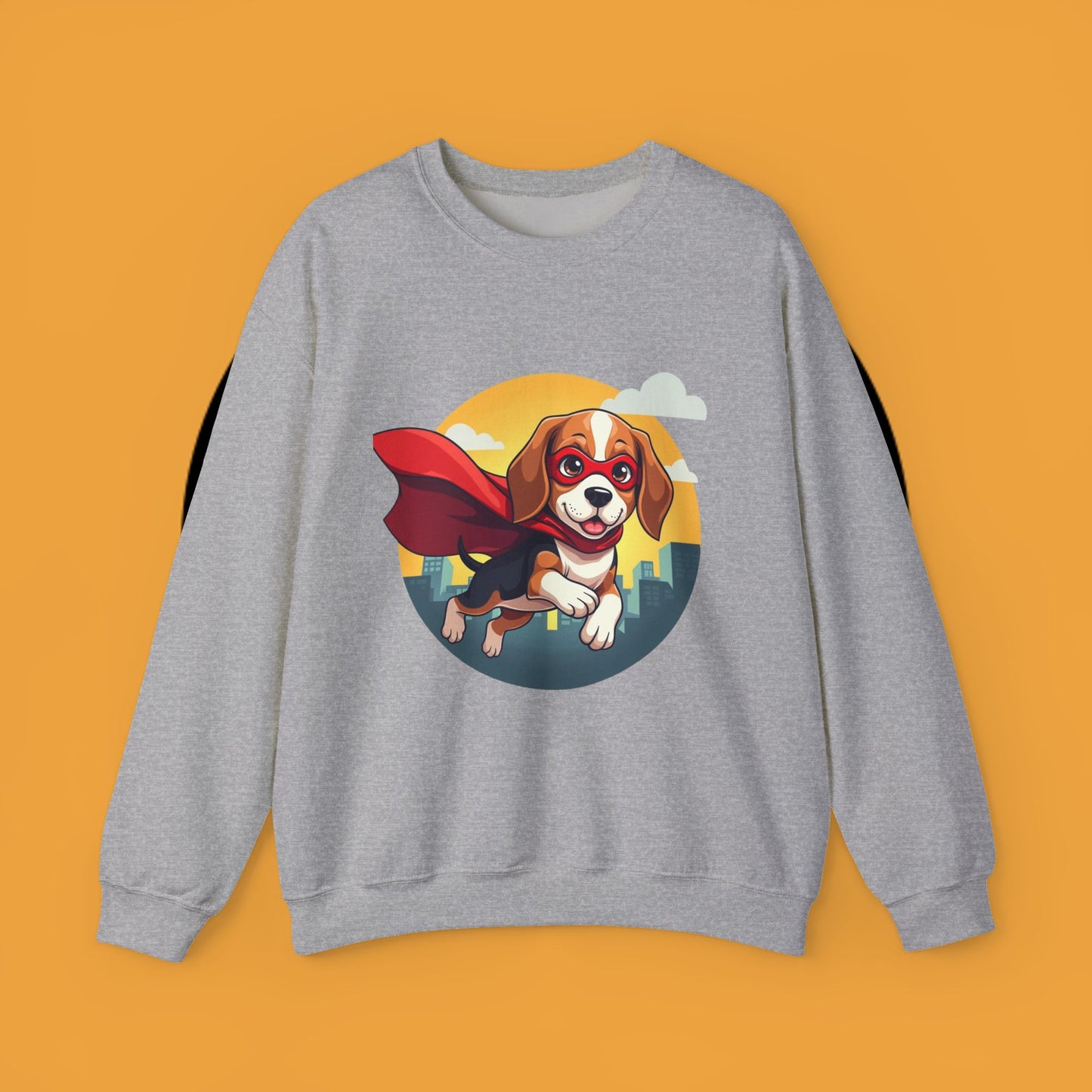 Superhero Dog Crewneck Sweatshirt - Flying Beagle Design with Red Cape and Mask
