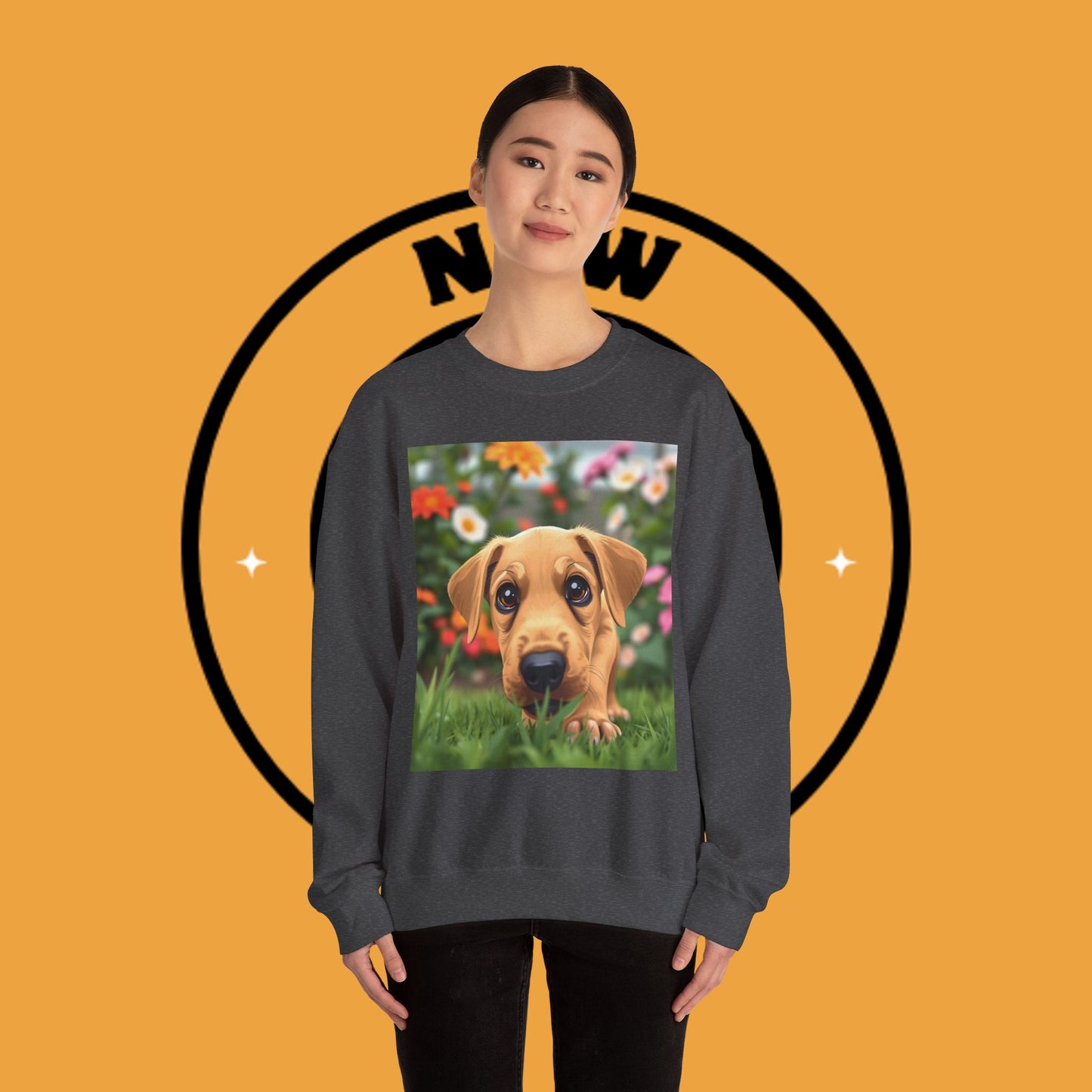 Unisex Dog Lover Crewneck Sweatshirt - Cute puppe with big eyes in floral garden