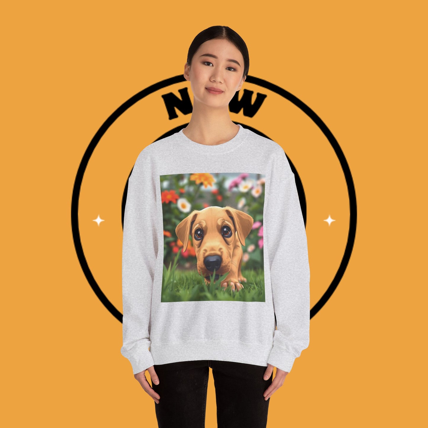 Unisex Dog Lover Crewneck Sweatshirt - Cute puppe with big eyes in floral garden