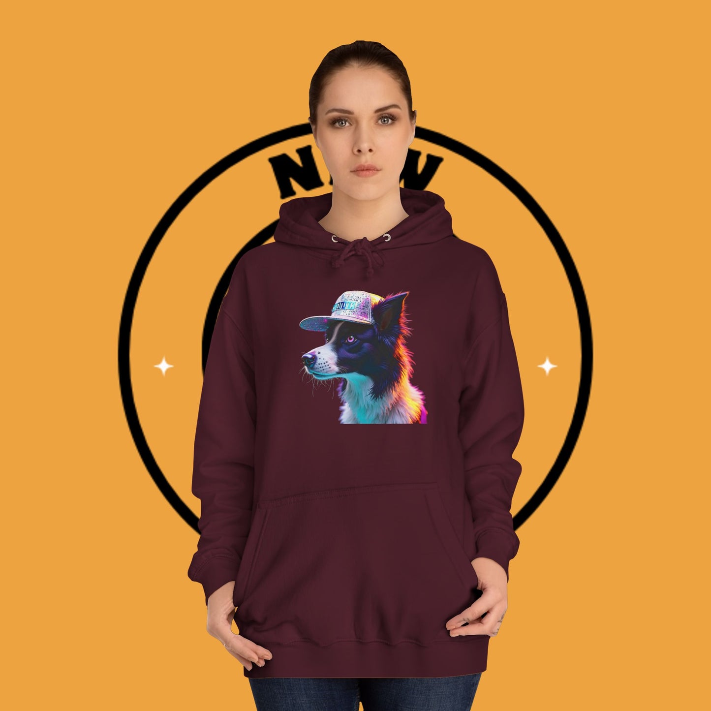 "Neon Rainbow Dog Hoodie - Vibrant Border Collie Street Art Design | Unisex Premium Streetwear"