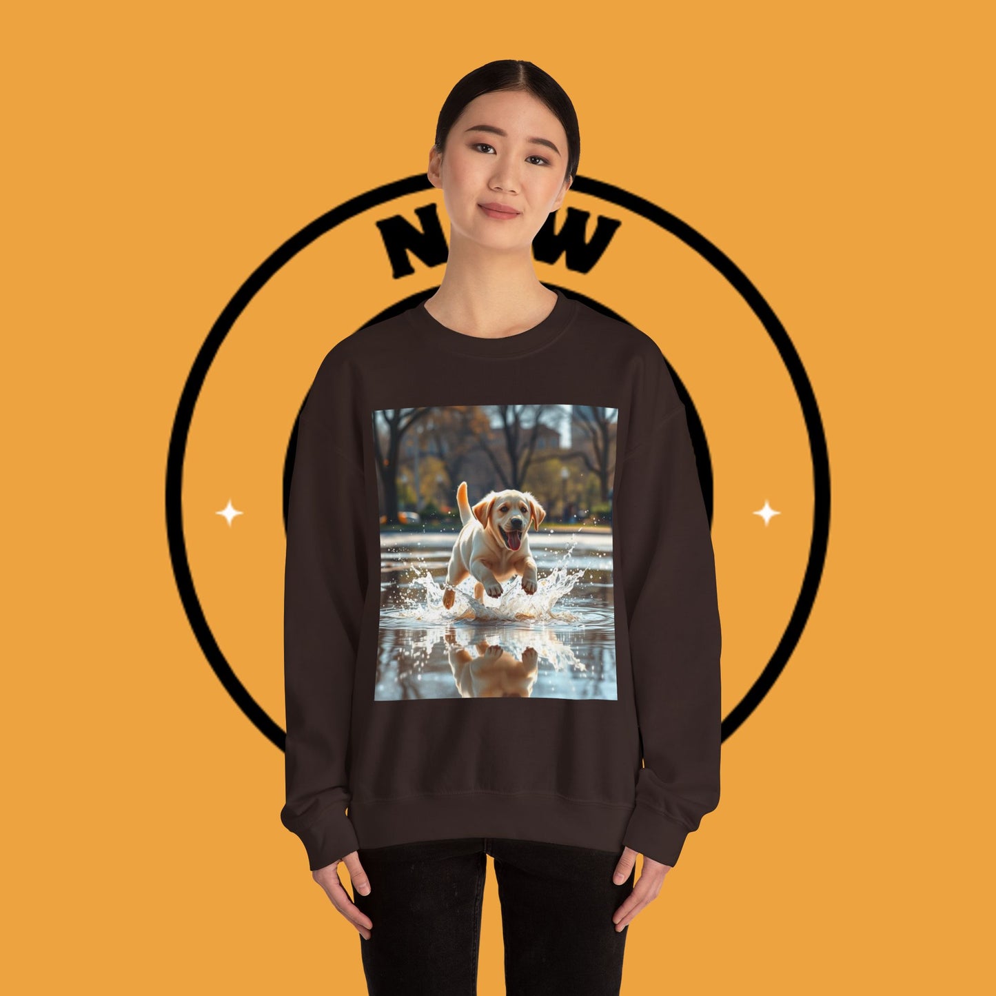 Unisex Dog Lover Crewneck Sweatshirt -Labrador Puppy Running in Water - Happy Dog Splashing in Puddle