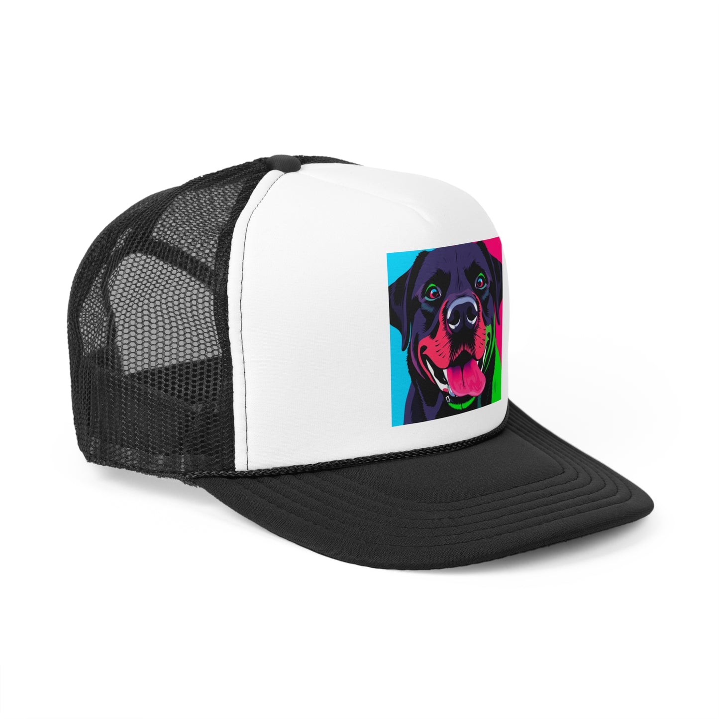 Psychedelic Pop Art Dog Trucker Hat - Vibrant Neon Colors Lab Portrait Cap - Perfect for Pet Lovers
