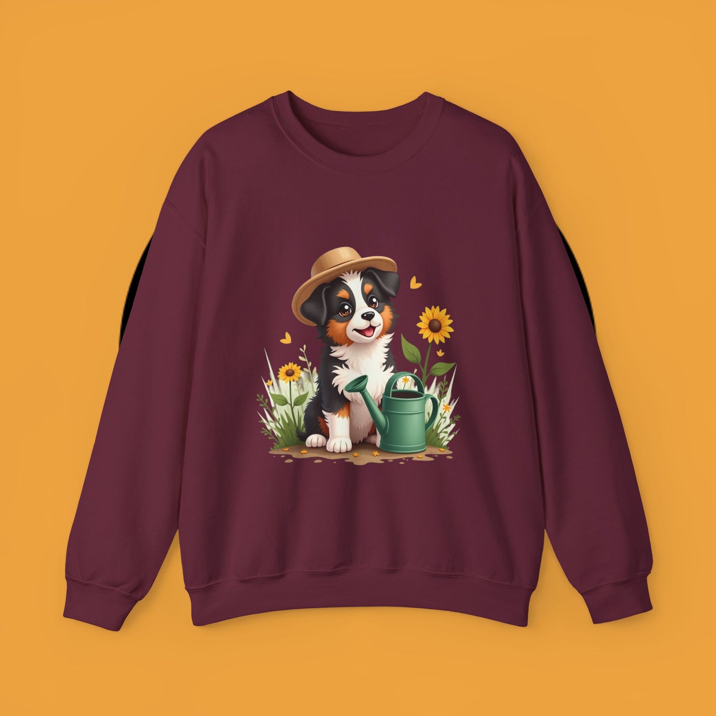 Garden Dog Crewneck Sweatshirt - Cute Puppy Gardener with Sunflowers Design | Green Thumb Gift
