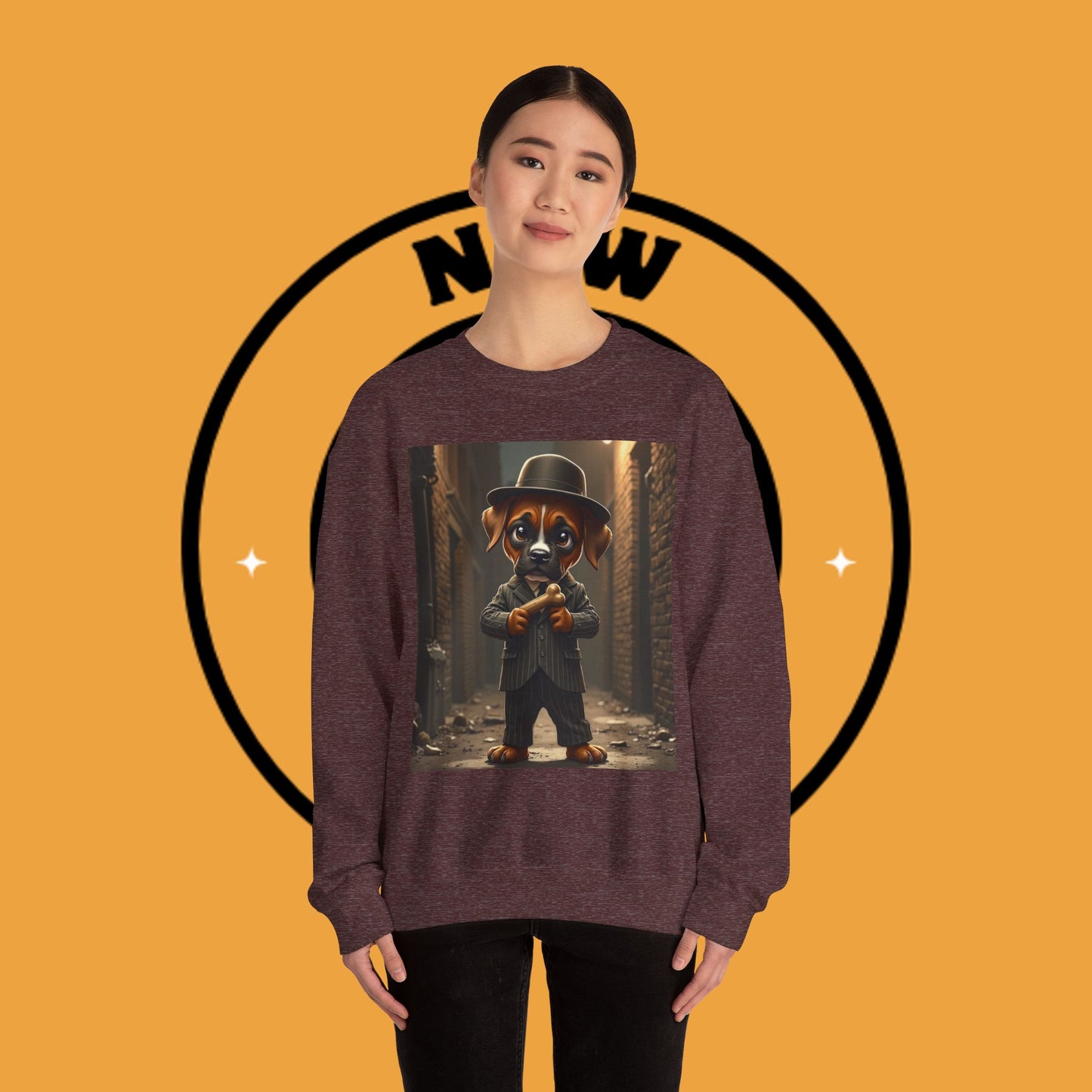 Gangster Puppy Fedora Crewneck Sweatshirt - Vintage Dog Boss Design - Retro Pet Lover Style