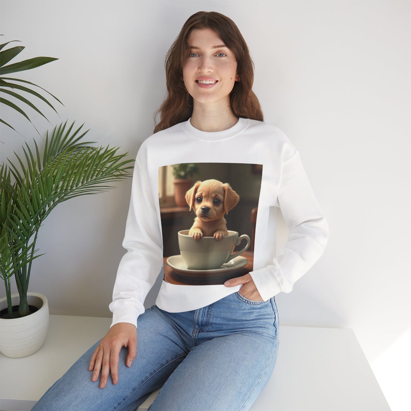 Unisex Dog Lover Crewneck Sweatshirt - Teacup Puppy: Adorable Yellow Lab in Coffee Cup