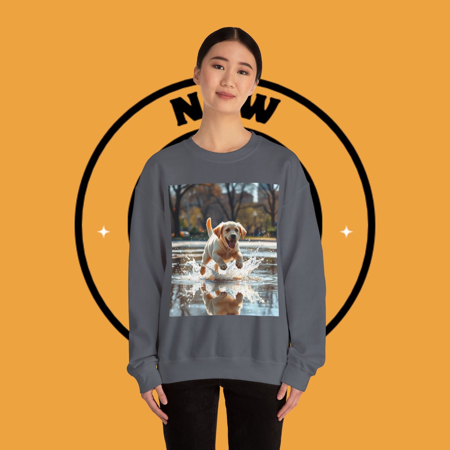 Unisex Dog Lover Crewneck Sweatshirt -Labrador Puppy Running in Water - Happy Dog Splashing in Puddle